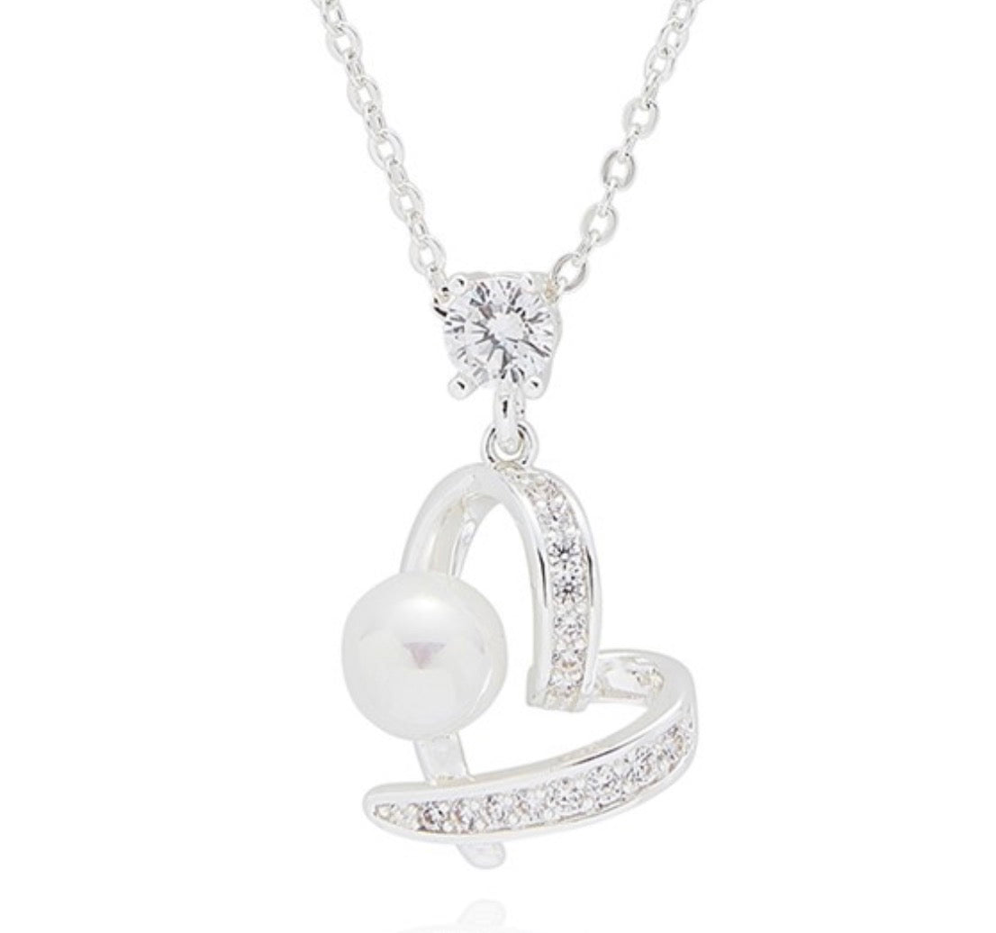 Pearl Crossover Heart Silver Plated Necklace