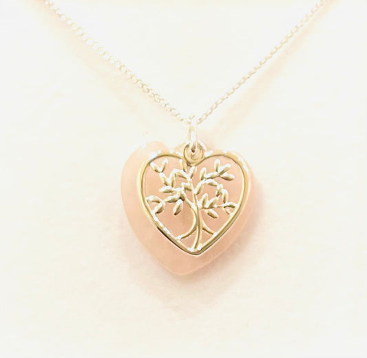 Tree of Life Rose Quatrz Silver Plated Heart Necklace