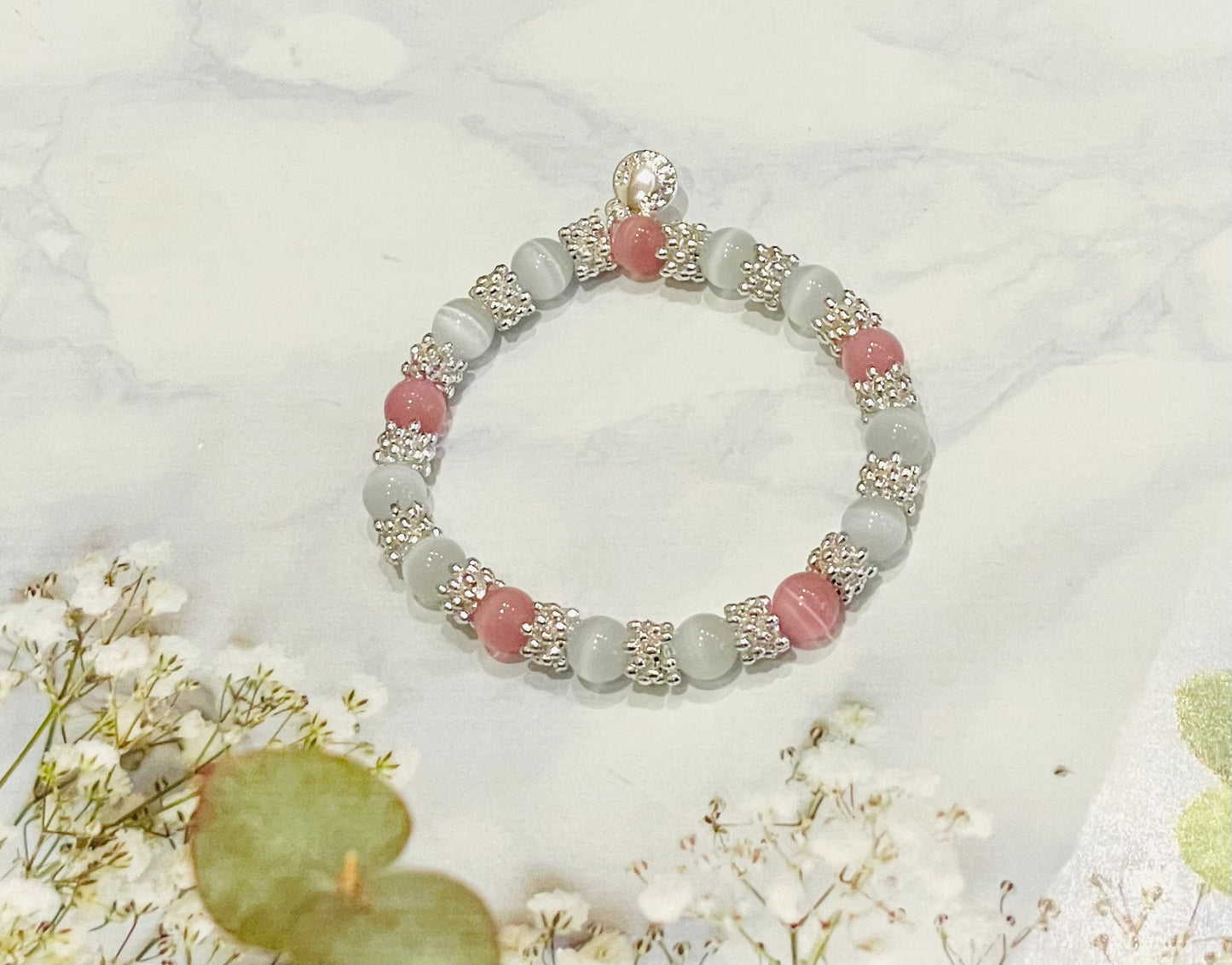Moonstone Ornate Silver Plated Bracelet Pink