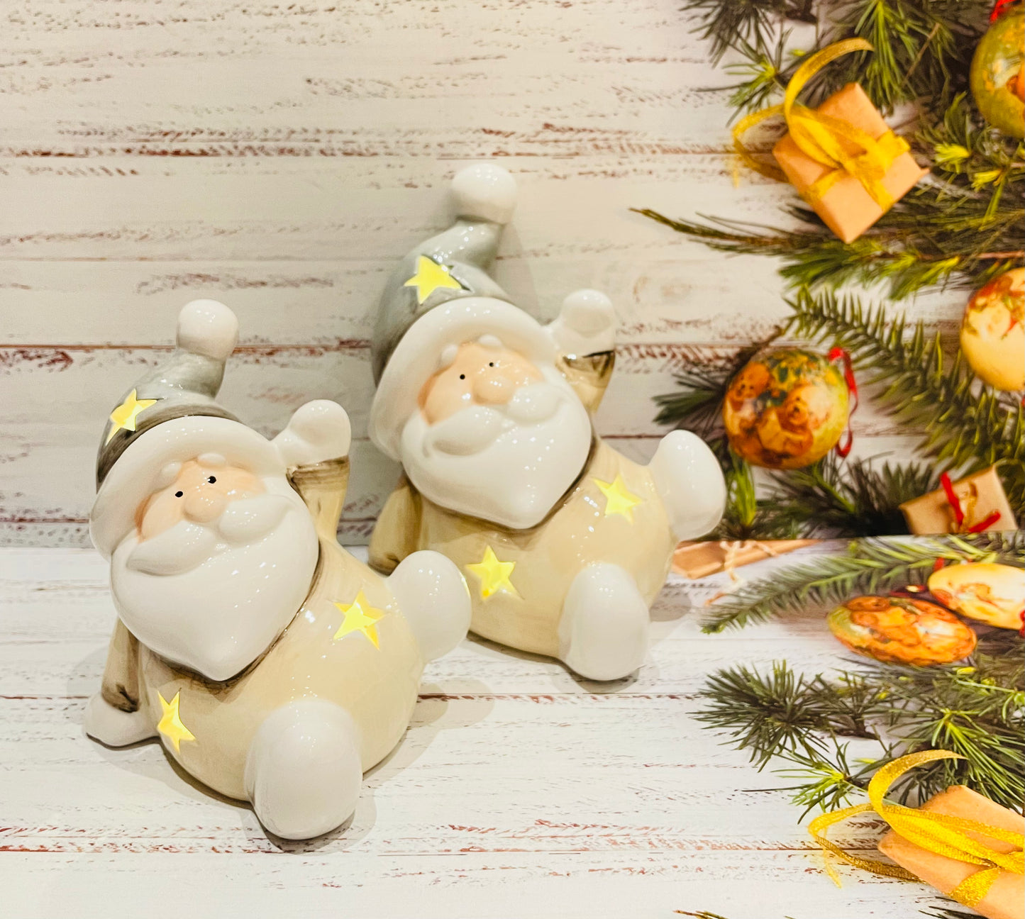 LED Light Up Grey White Ceramic Santa Large/Small