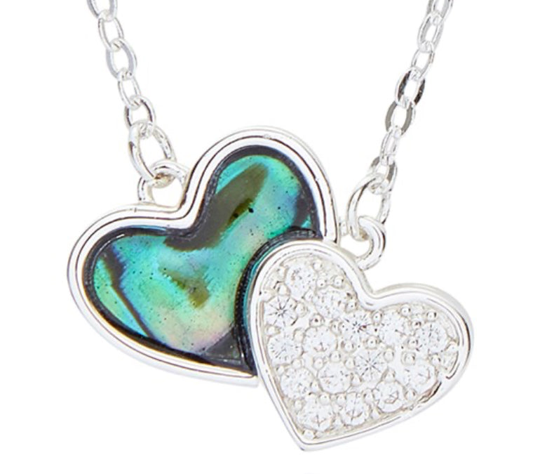 Paua Shell Two Hearts Silver Plated Necklace