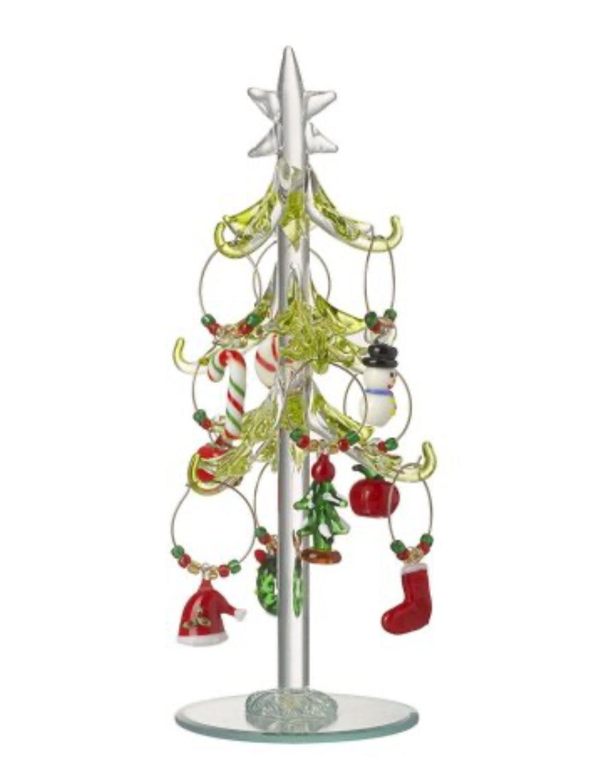GLASS TREE WITH CHRISTMAS ORNAMENTS