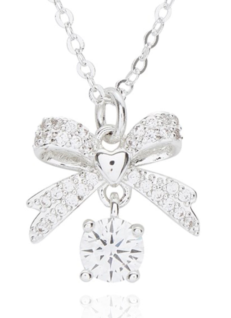 Eternal Bow Suspended Crystal Silver Plated Necklace