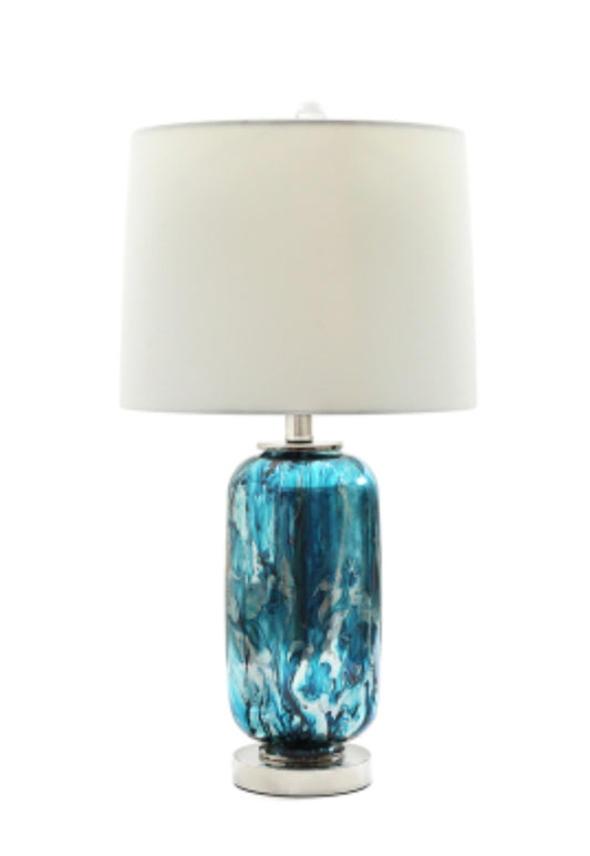 Blue and Silver Glass Table Lamp with White Linen Shade