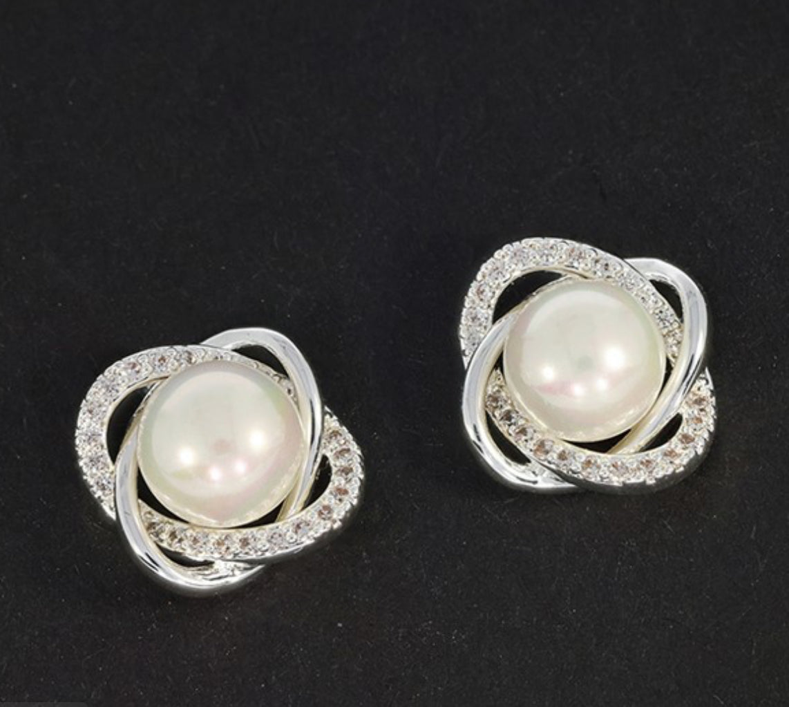 Sparkle Pearl Knot Silver Plated Earrings