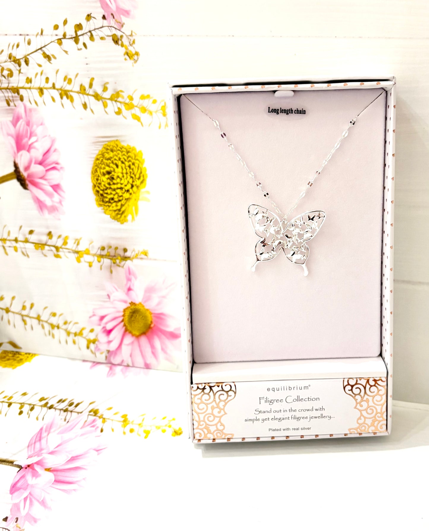 Long Chain Butterfly Necklace Silver Plated