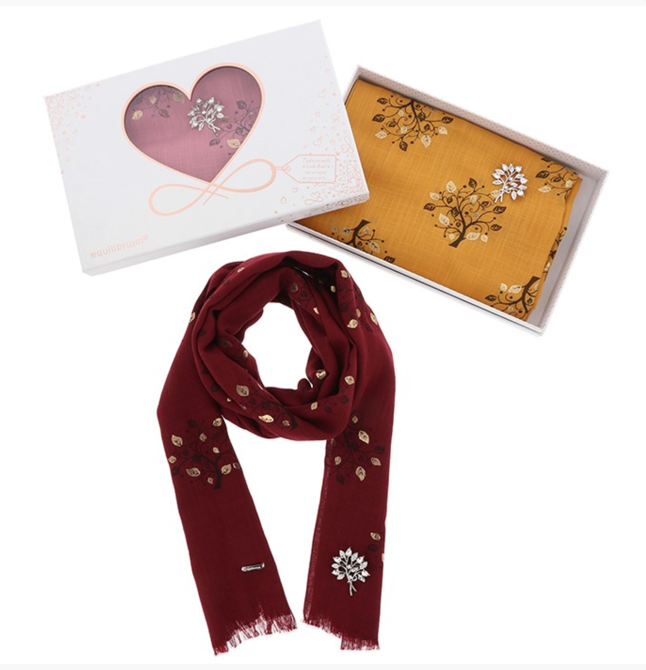 Tree of Life Scarf & Brooch Set Burgundy/Pink/Mustard