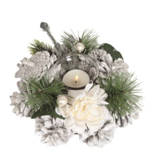 White Floral And Pine Cone Tealight Holder