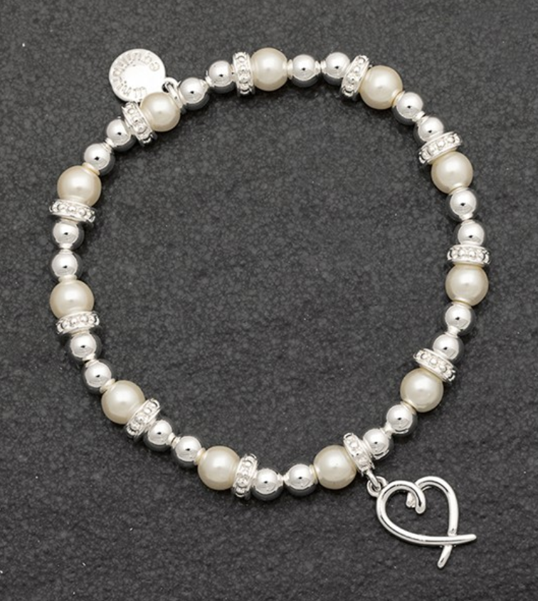 Heart Silver Plated Pearl Charm Bracelet