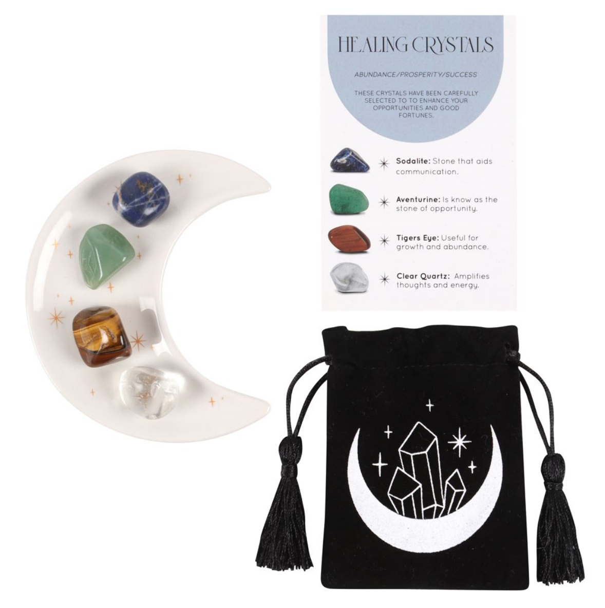ABUNDANCE/PROSPERITY HEALING CRYSTAL SET WITH MOON TRINKET DISH