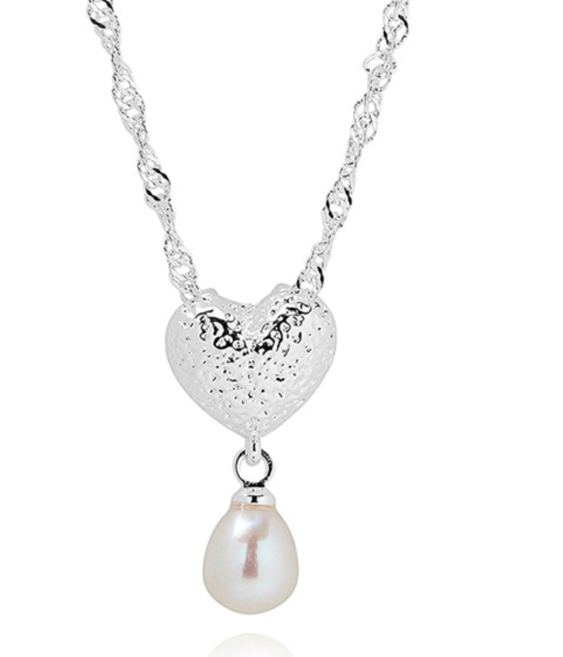 Fresh Water Pearl Textured Heart Silver Plated Necklace