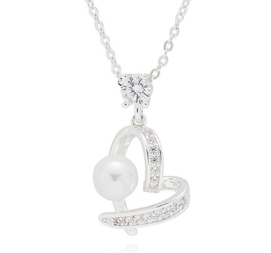 Pearl Crossover Heart Silver Plated Necklace