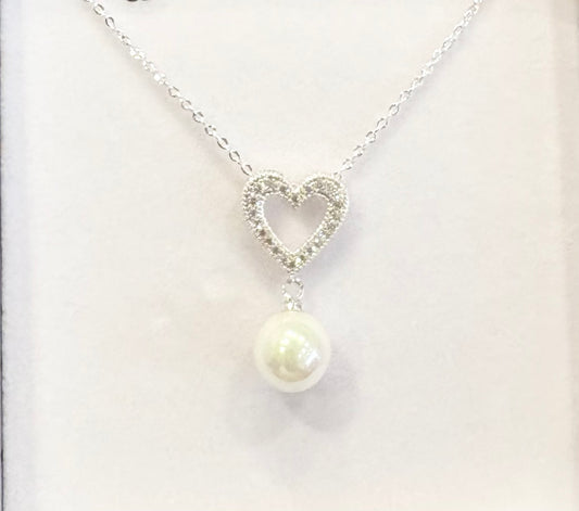 Sparkle Heart Freshwater Pearl Silver Plated Necklace