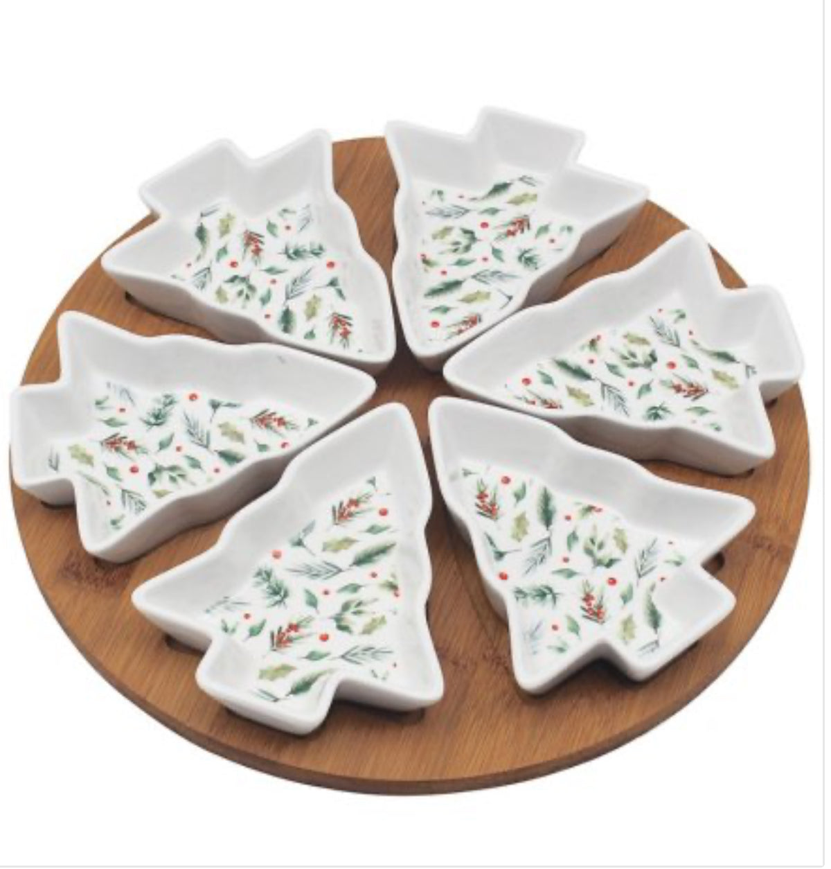 TREE DISHES W/ROUND BAMBOO TRAY