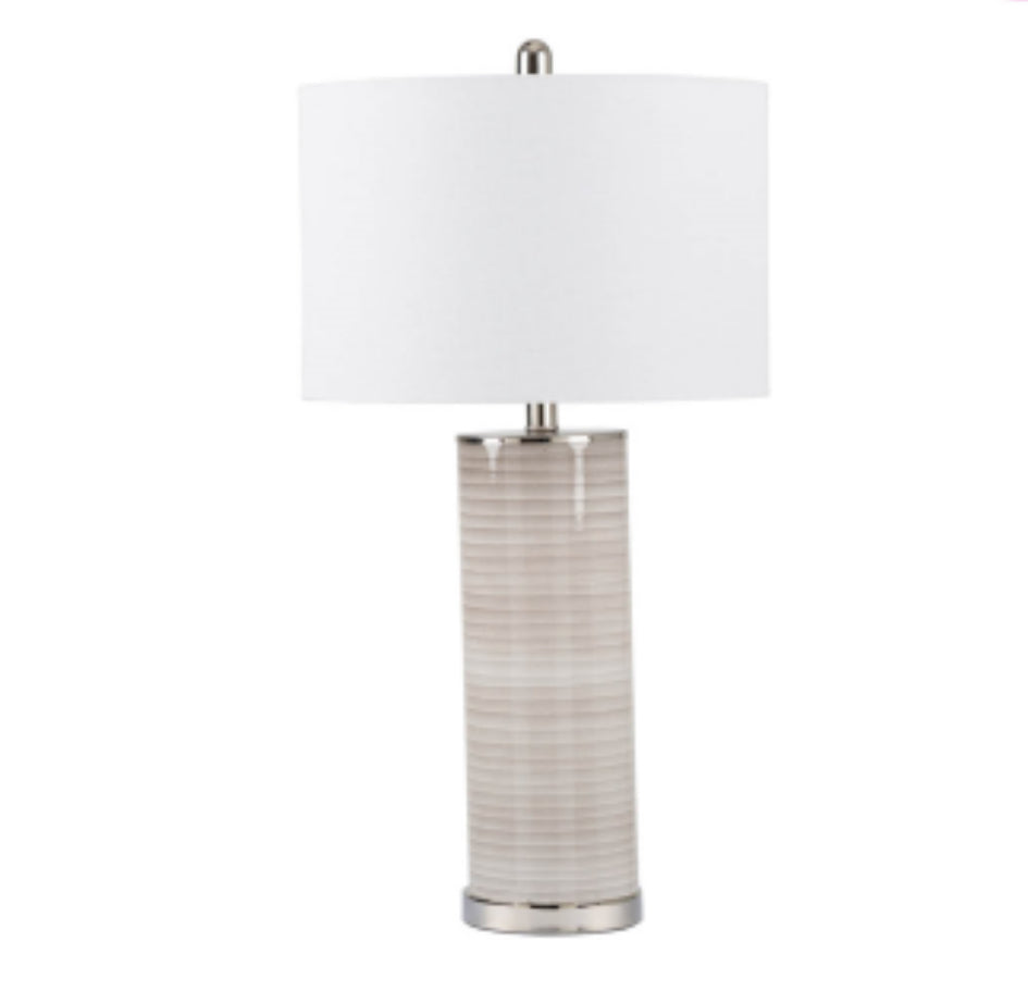 Grey Stripe Table Lamp with White Linen Shade