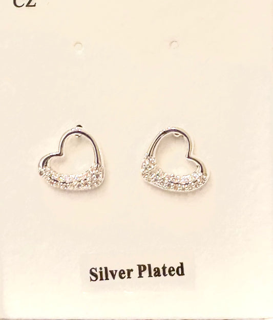 Sparkle Heart Stud Earrings Silver Plated