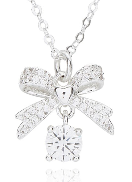 Eternal Bow Suspended Crystal Silver Plated Necklace