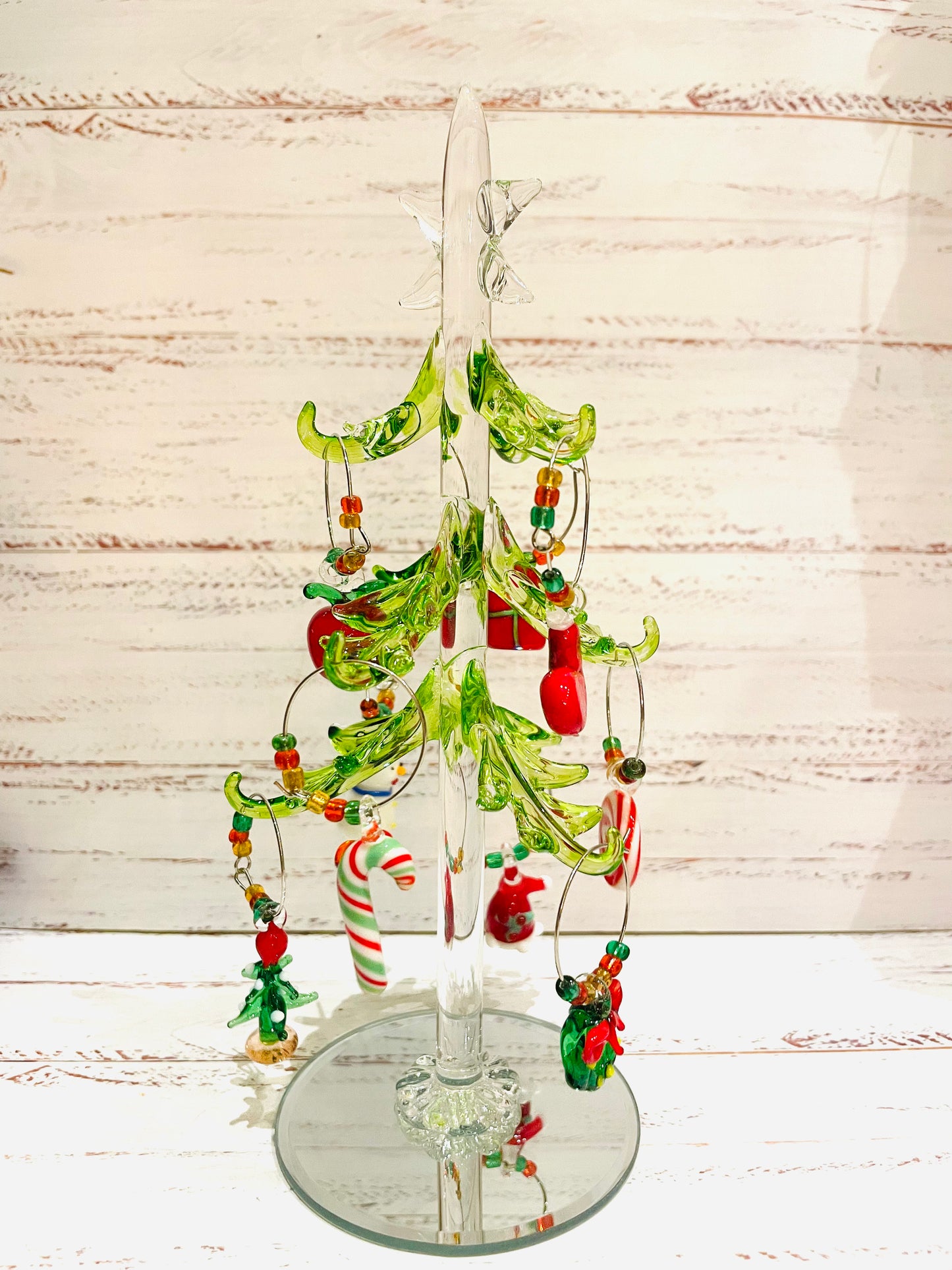 GLASS TREE WITH CHRISTMAS ORNAMENTS