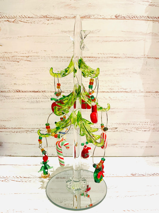 GLASS TREE WITH CHRISTMAS ORNAMENTS
