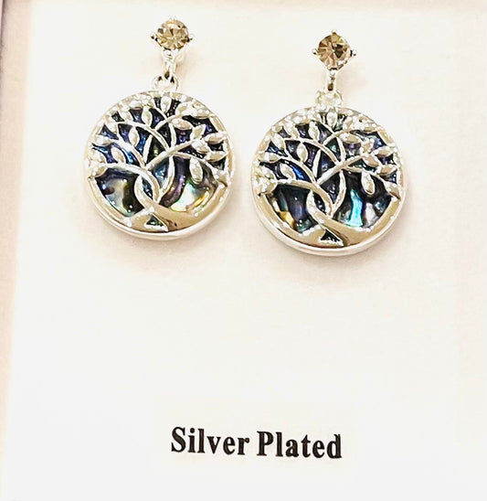 Paua Shell Tree Life Silver Plated Earrings