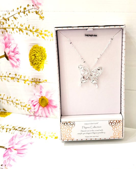 Long Chain Butterfly Necklace Silver Plated