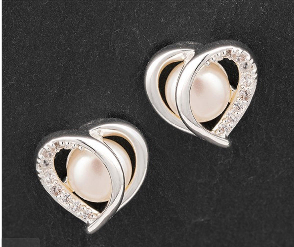 Heart Fresh Water Pearl Silver Plated Earrings