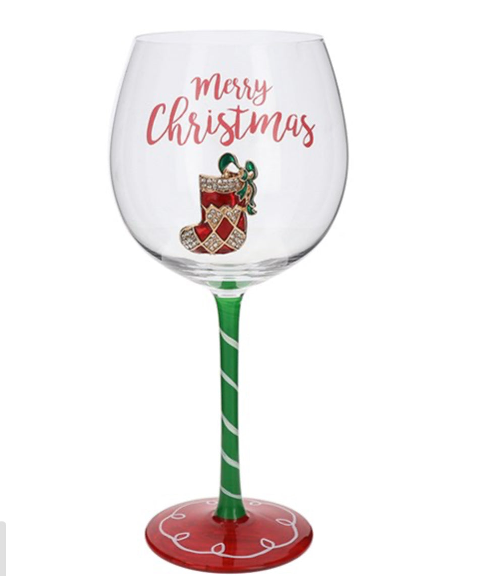 Merry Christmas Stocking Wine Glass