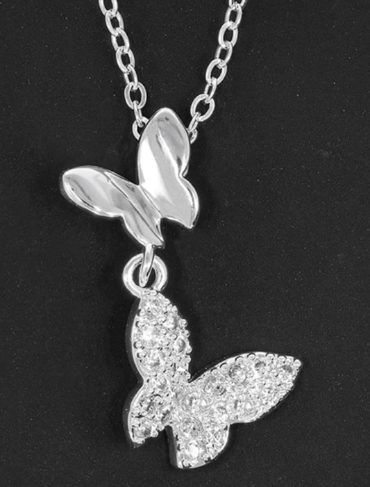 Double Butterfly Silver Plated Necklace