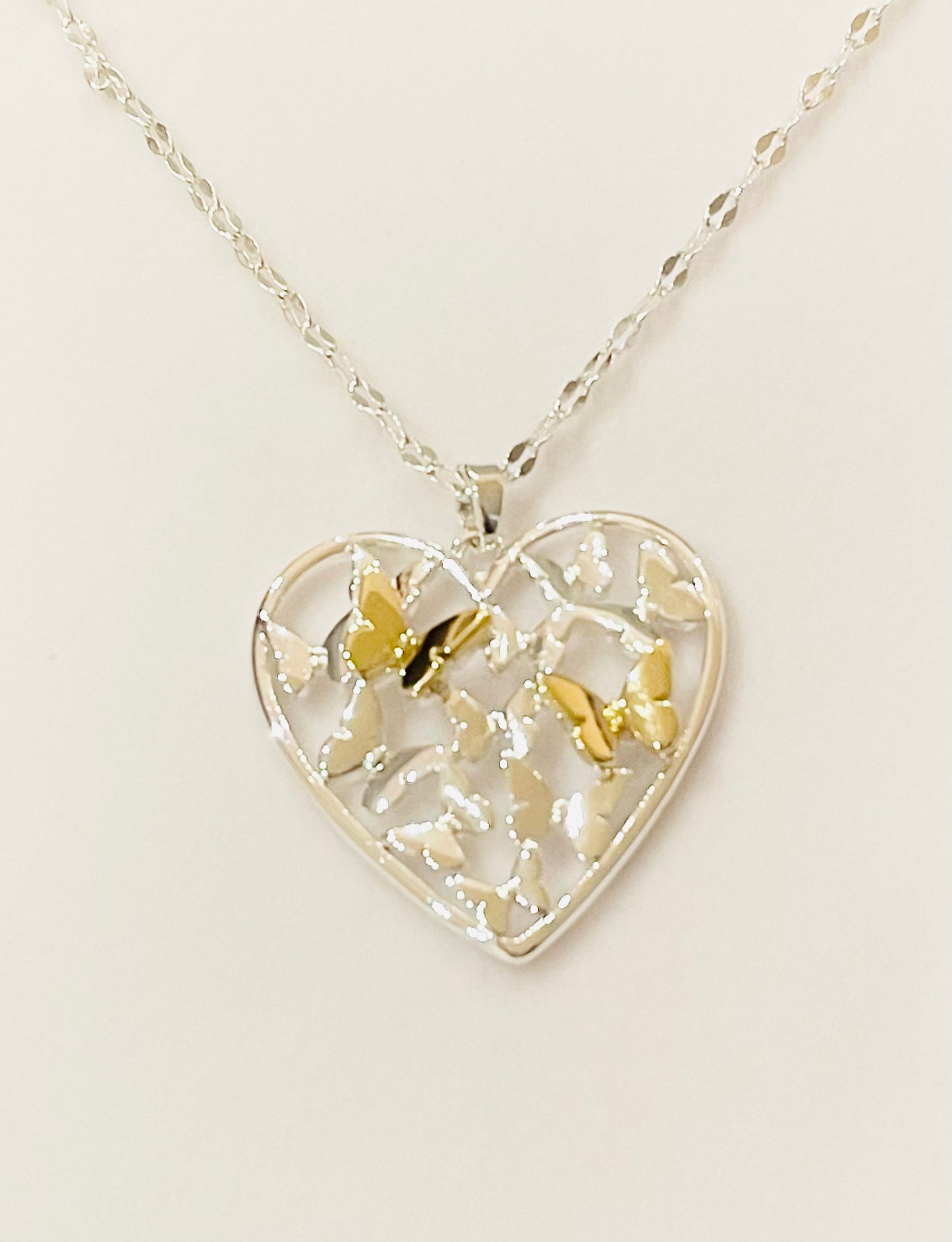 Two Tone Butterfly Heart Long Necklace