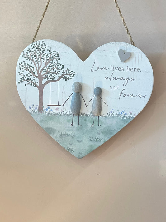 LOVE LIVES HERE PEBBLE HANGING HEART