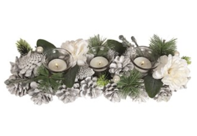 White Florals And Pine Cone 3 Tealight Holder Centrepiece 36cm