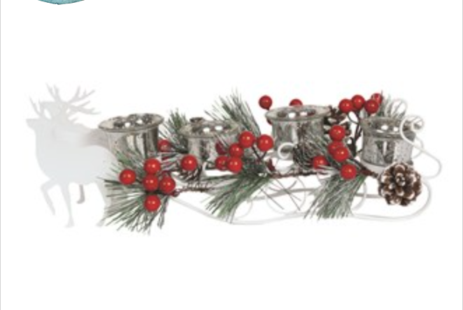 White Reindeer Sleigh 4 T-light Holder with Red Berry Foliage