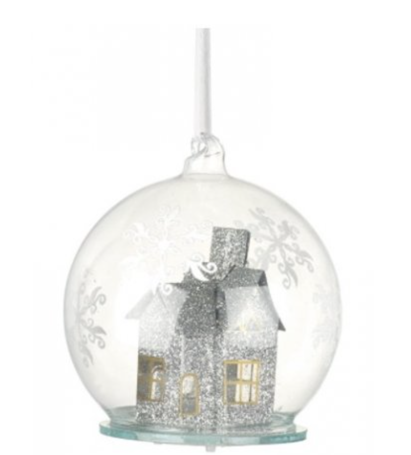 GLASS BAUBLE WITH LED HOUSE, 9CM