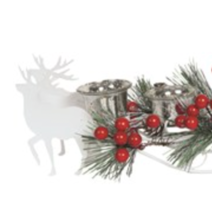 White Reindeer Sleigh 4 T-light Holder with Red Berry Foliage