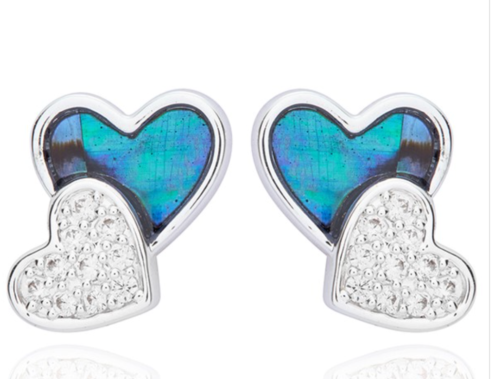 Paua Shell Two Hearts Silver Plated Earrings