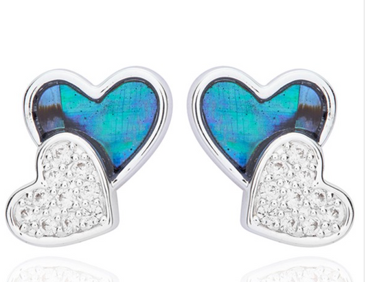 Paua Shell Two Hearts Silver Plated Earrings