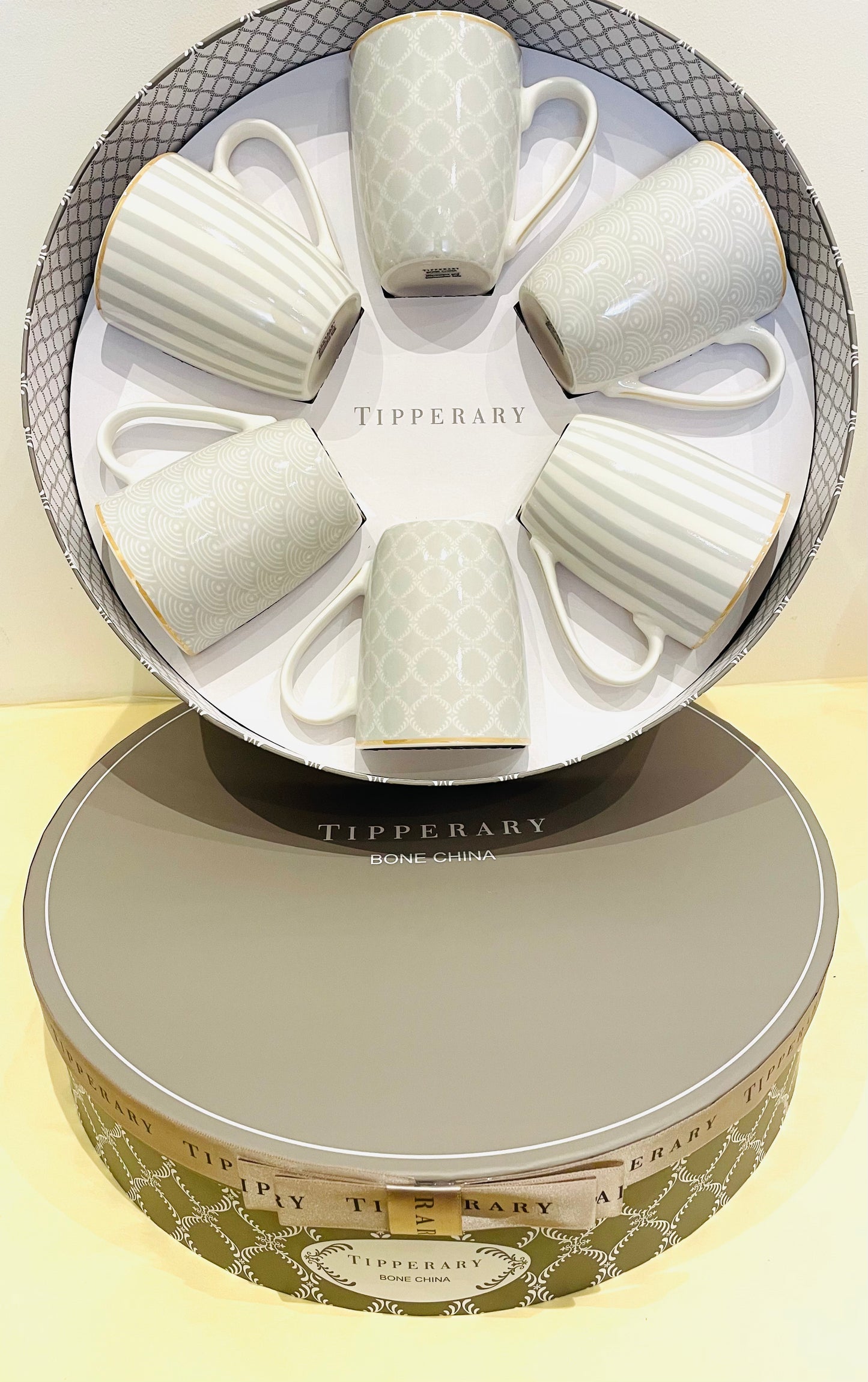 Set 6 Bone China Mugs – Grey Stripe, Net & Rainbow