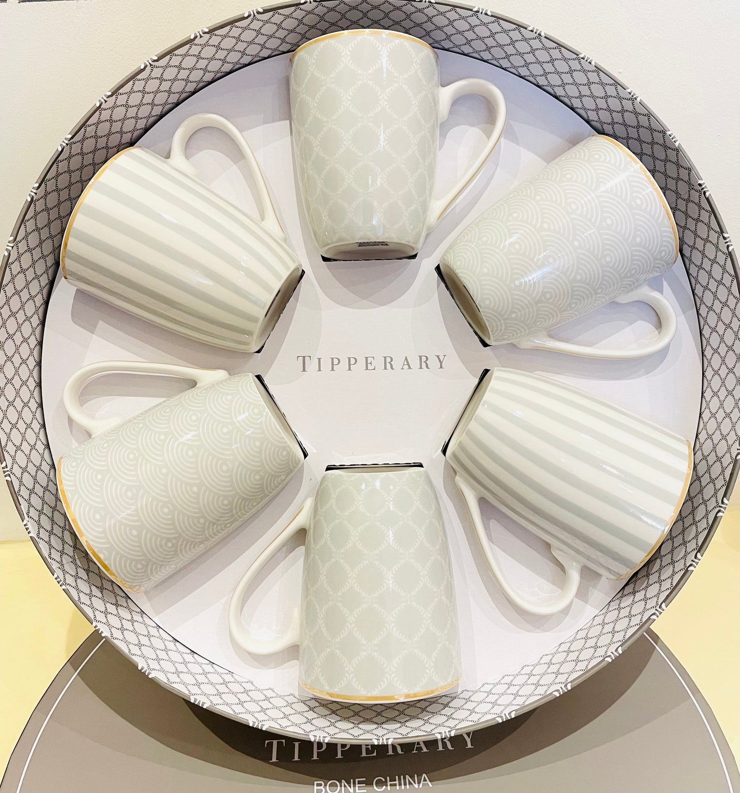 Set 6 Bone China Mugs – Grey Stripe, Net & Rainbow