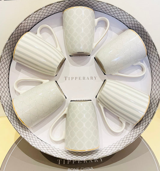 Set 6 Bone China Mugs – Grey Stripe, Net & Rainbow