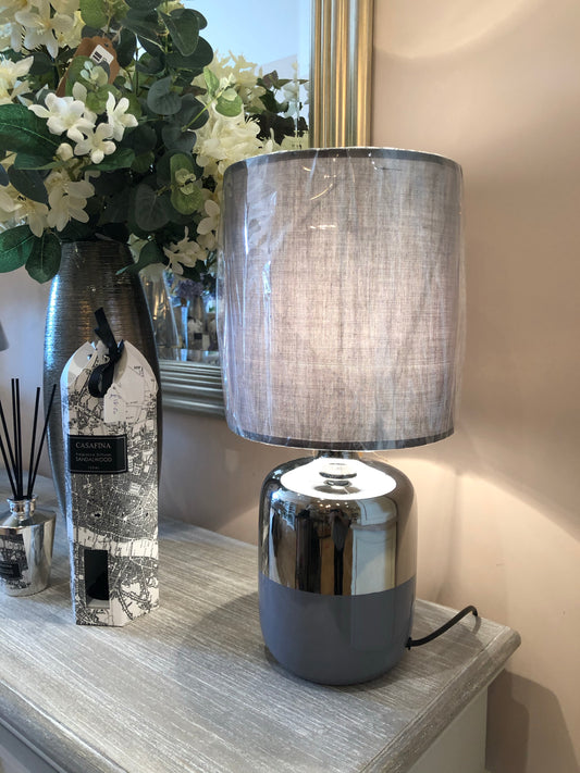 Silver Ceramic Table Lamp with Grey Shade (4844227952711)