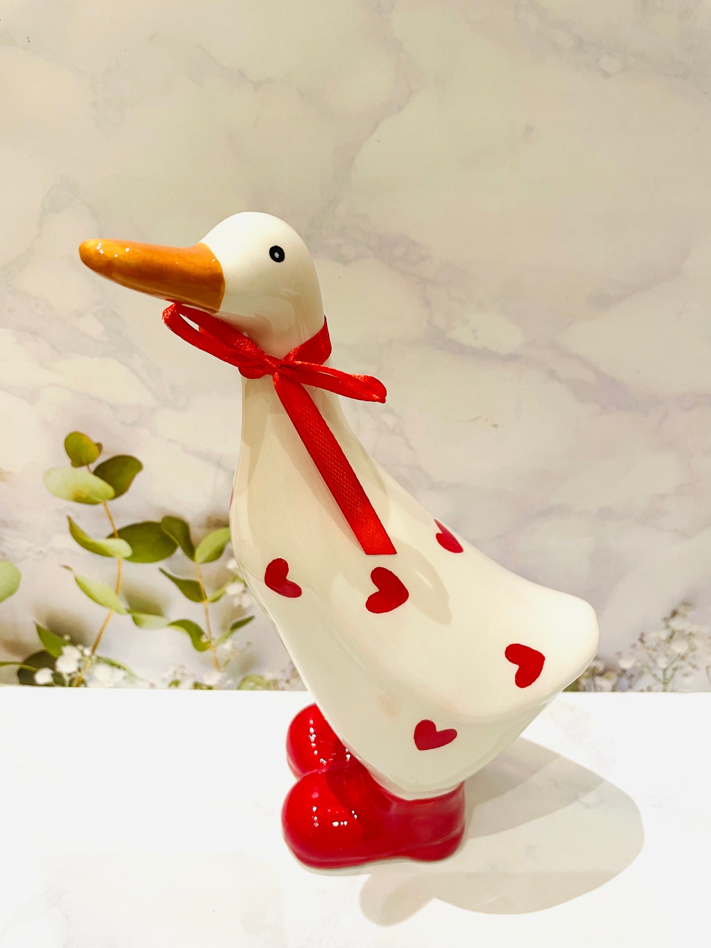 Ceramic Polka Dot Duck Ornamental Figurine RED HEARTS
