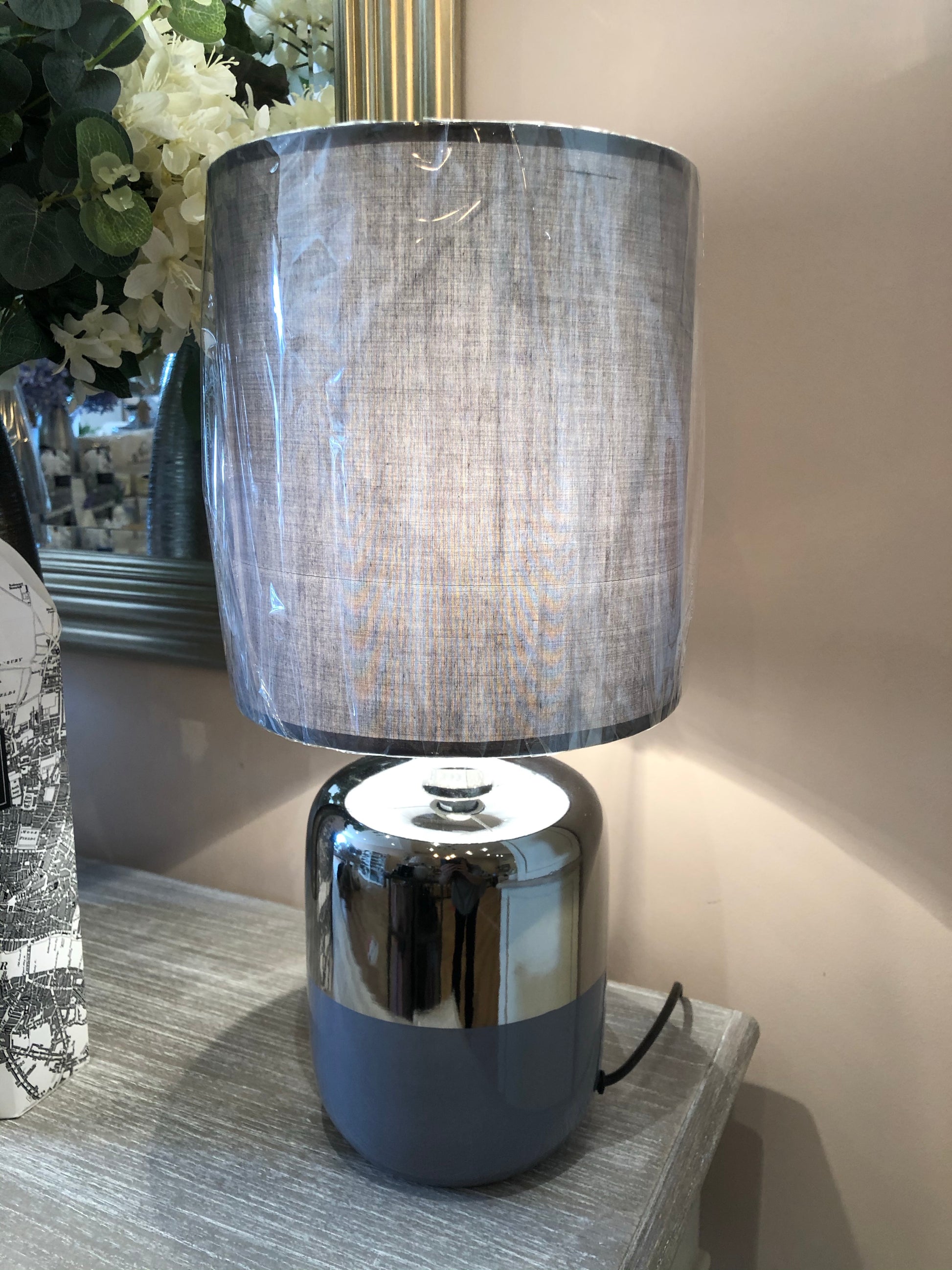 Silver Ceramic Table Lamp with Grey Shade (4844227952711)
