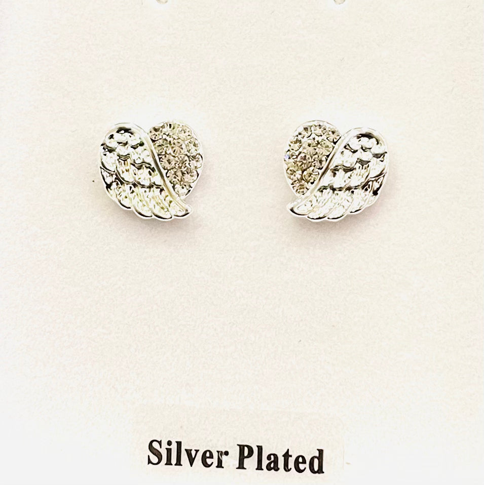 Angel Wing Heart Silver Plated Stud Earrings